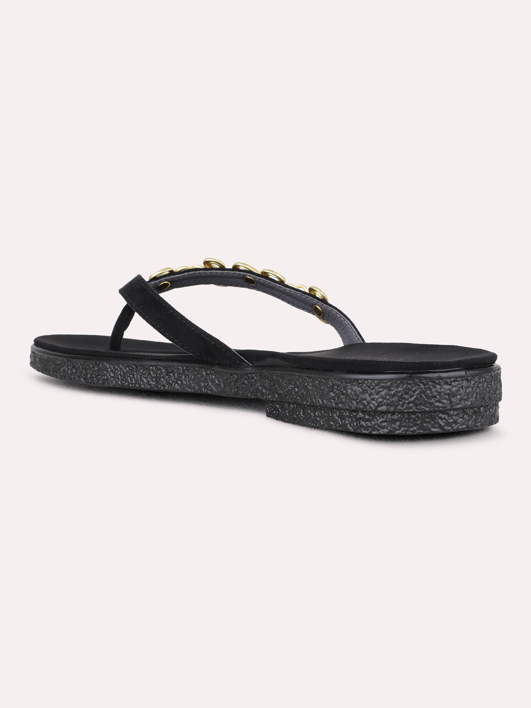 Womens Black Casual Solid Pattern T-Strap Flat Sandals