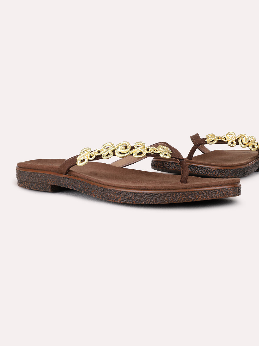 Womens Brown Casual Solid T-Strap Flat Sandals