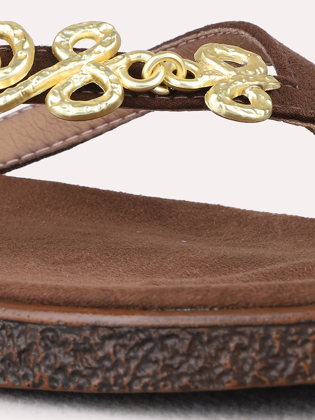 Womens Brown Casual Solid T-Strap Flat Sandals