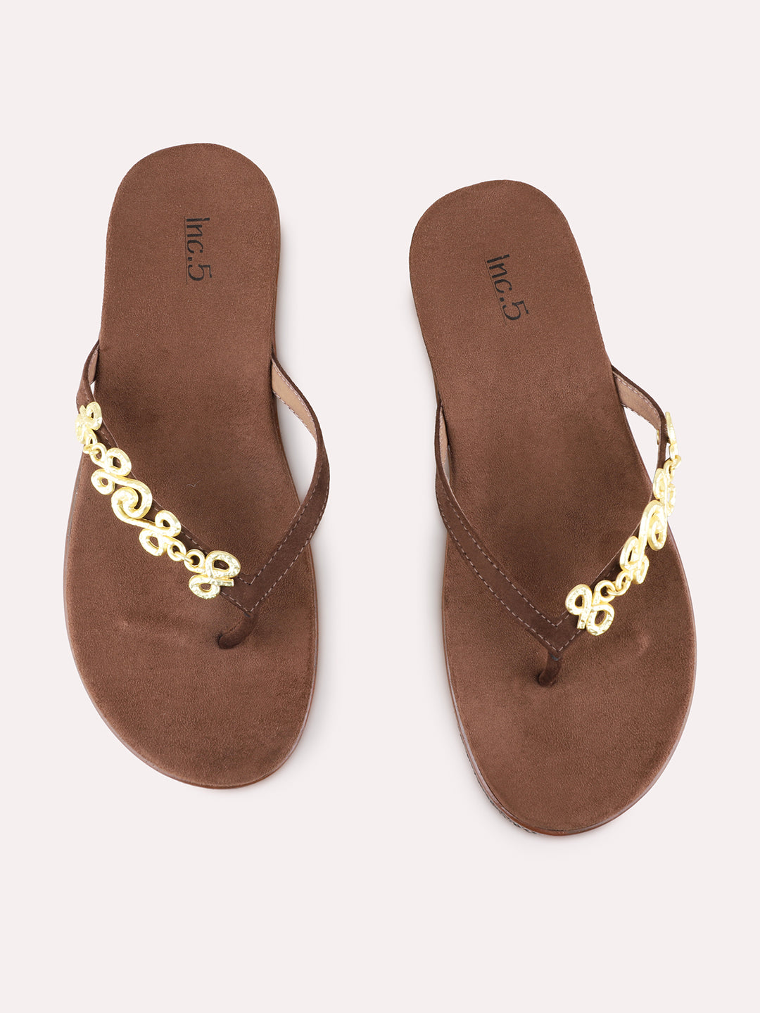 Womens Brown Casual Solid T-Strap Flat Sandals