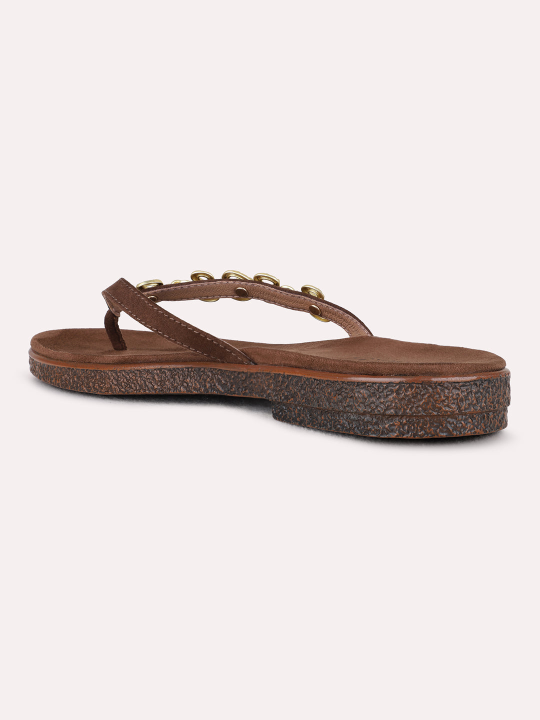 Womens Brown Casual Solid T-Strap Flat Sandals