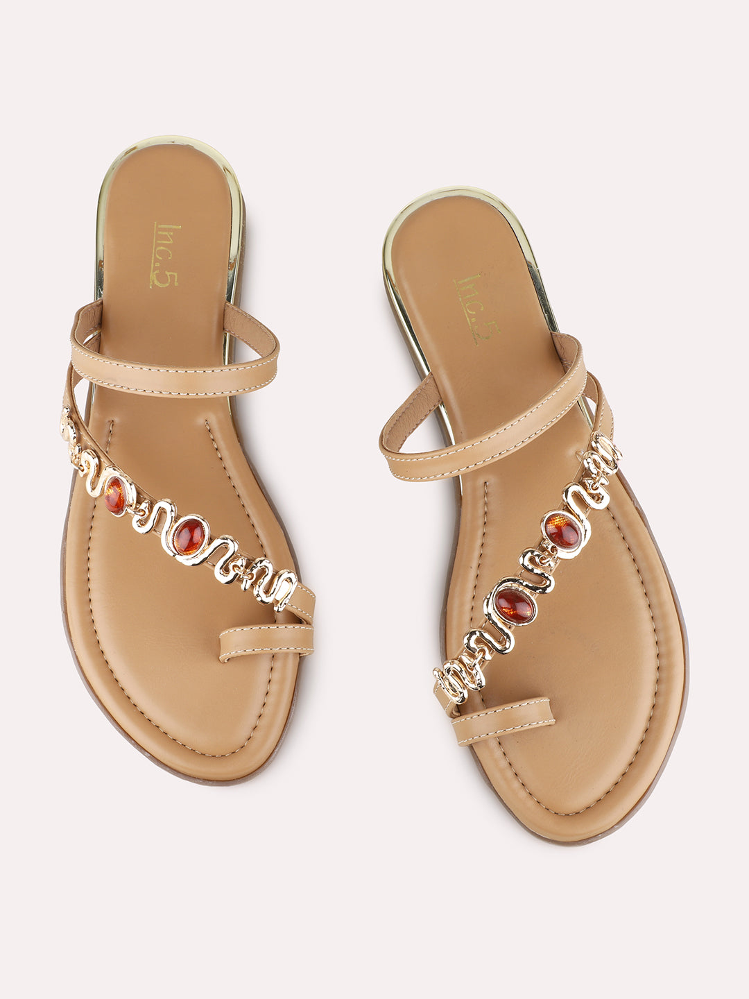 Womens Beige Ethnic Embellished One Toe Flats