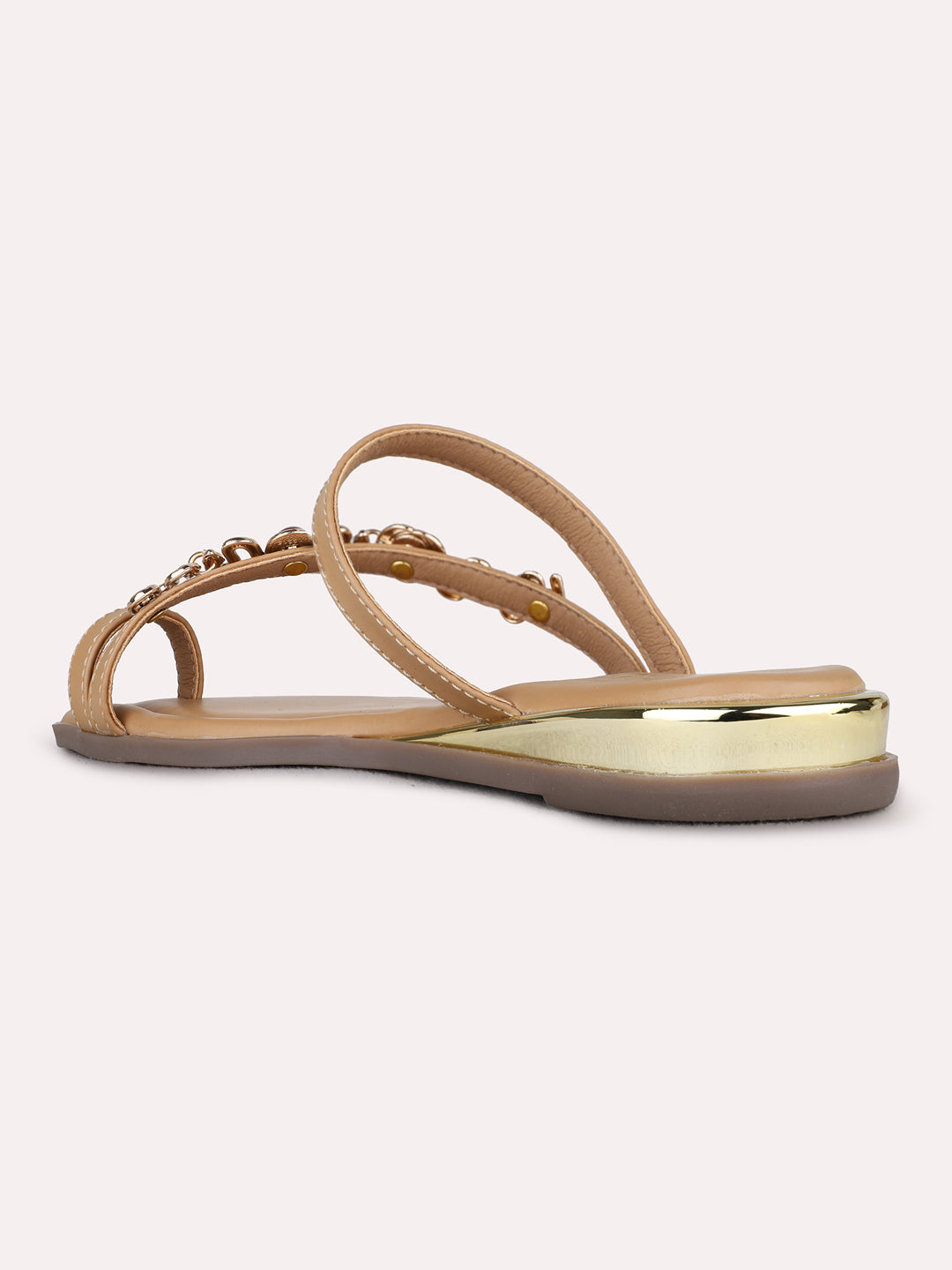 Womens Beige Ethnic Embellished One Toe Flats