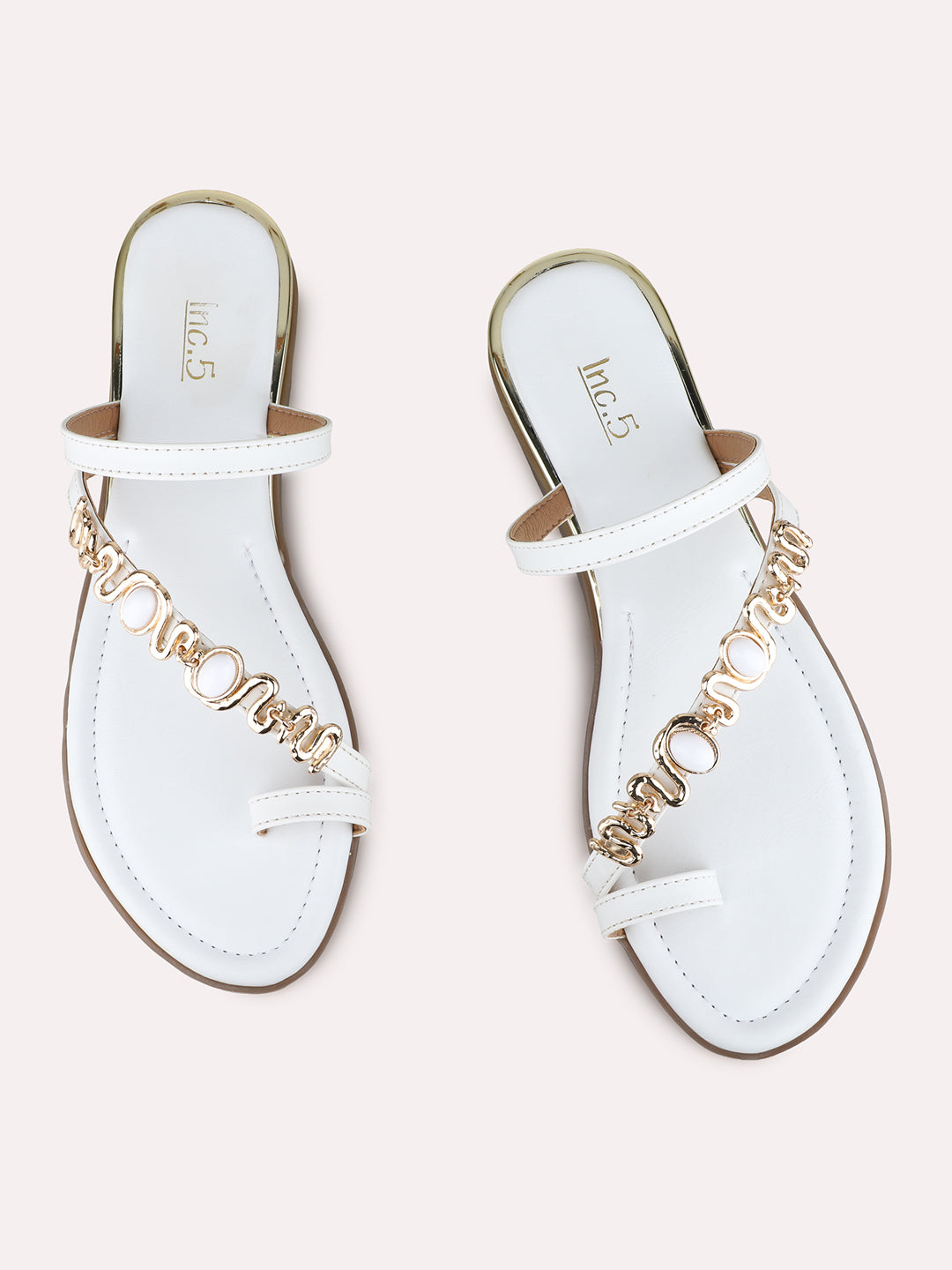 Womens White Ethnic Embellished One Toe Flats
