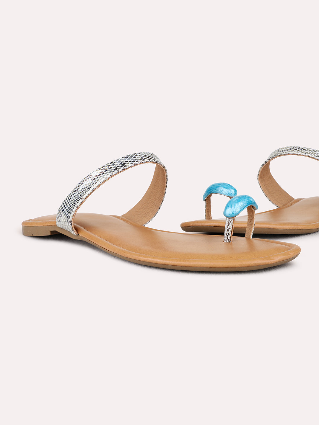 Womens Blue Casual Printed One Toe Flat Slip-on Sandals