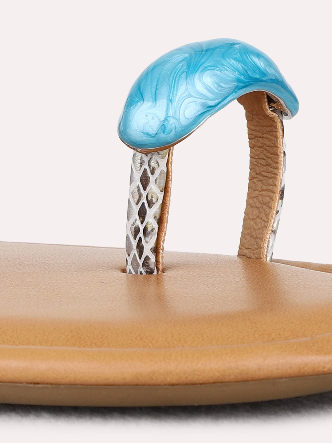 Womens Blue Casual Printed One Toe Flat Slip-on Sandals