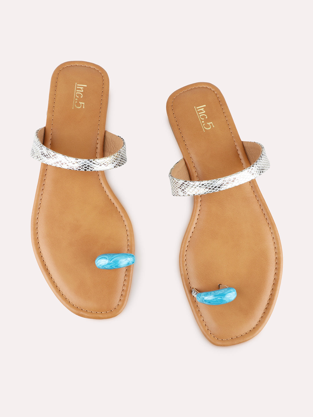 Womens Blue Casual Printed One Toe Flat Slip-on Sandals