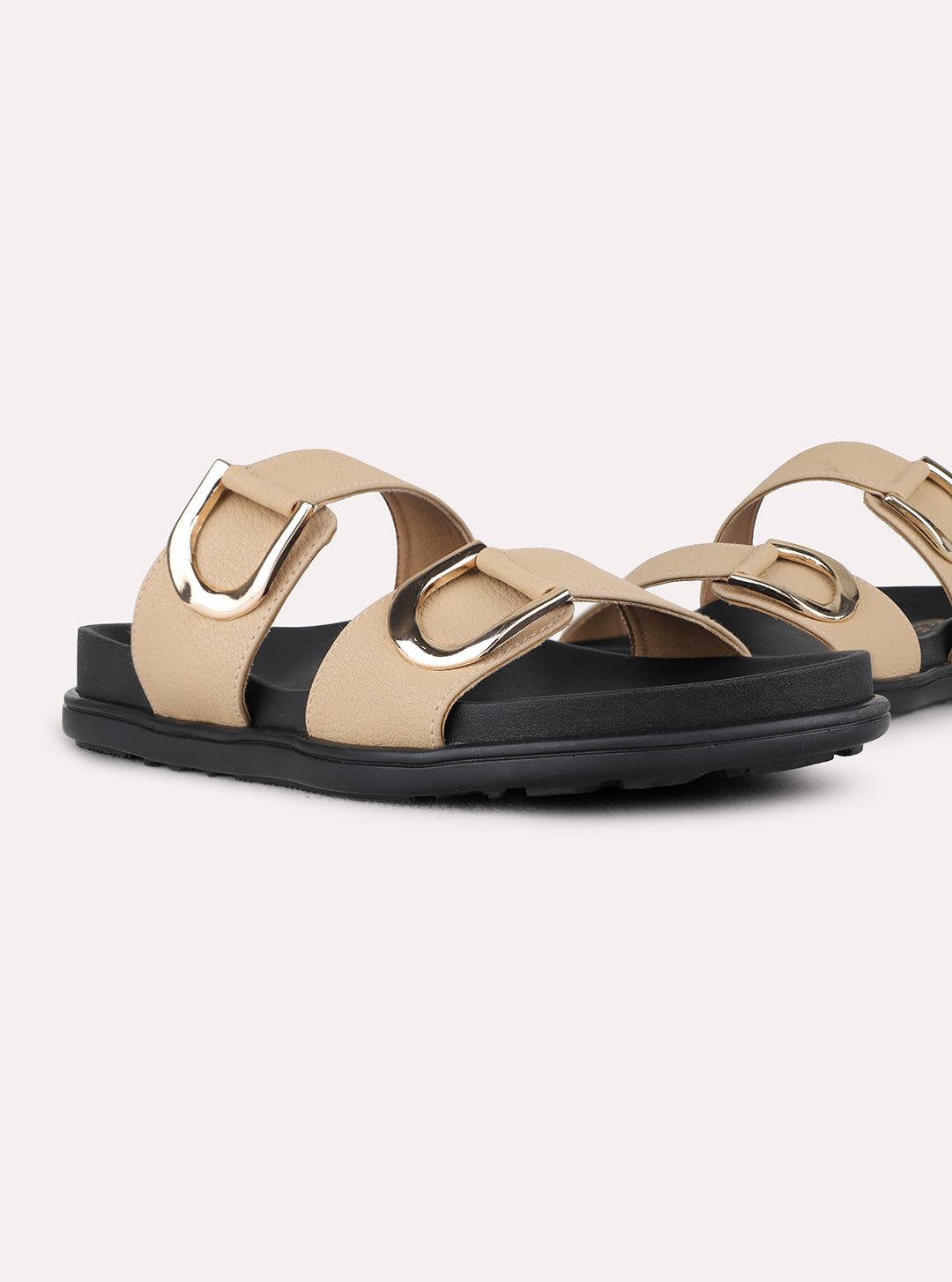 Womens Beige Ethnic Solid Pattern Open Toe Flats