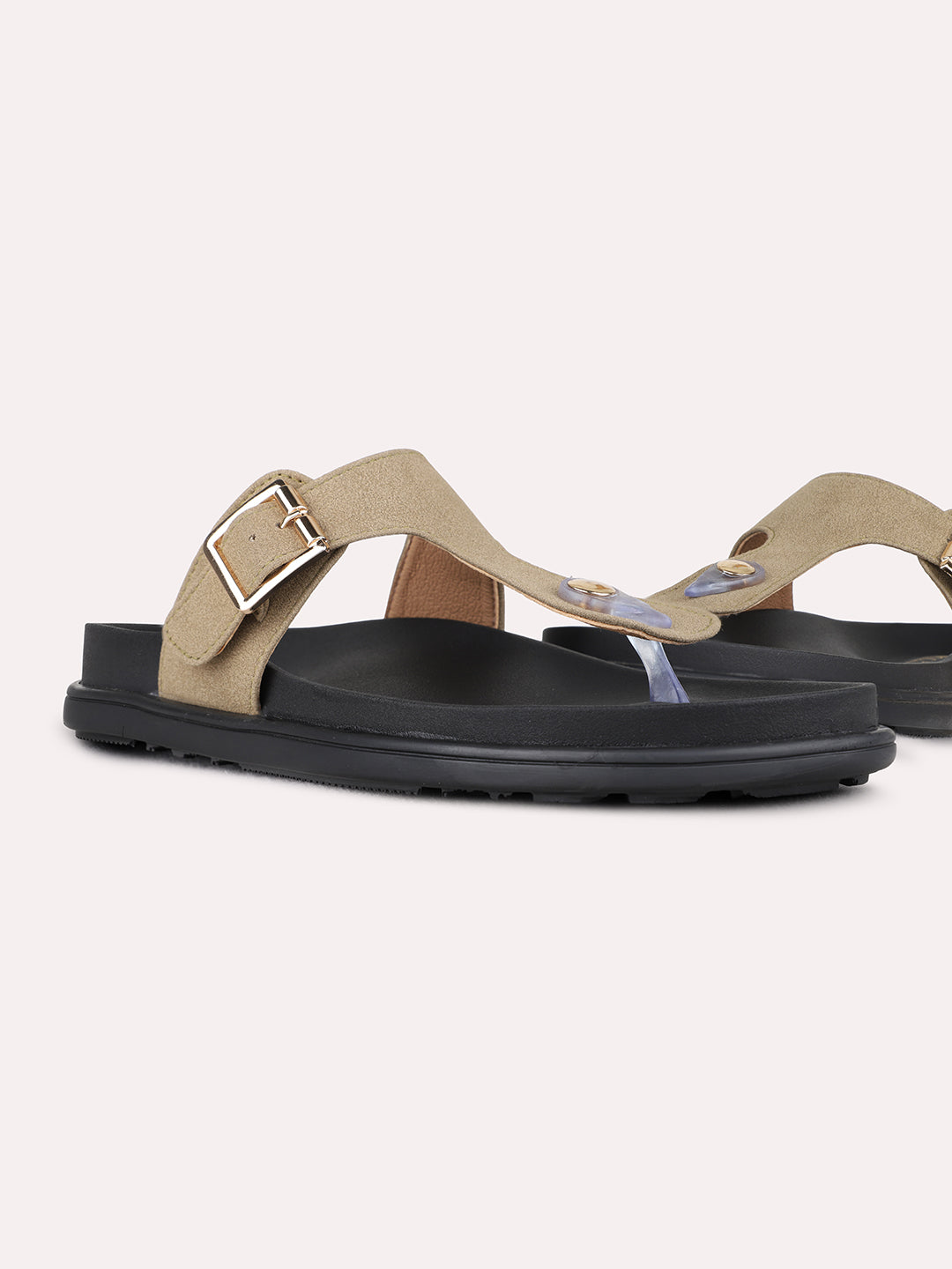 Womens Green Casual Solid T-Strap Flat Slip-Ons