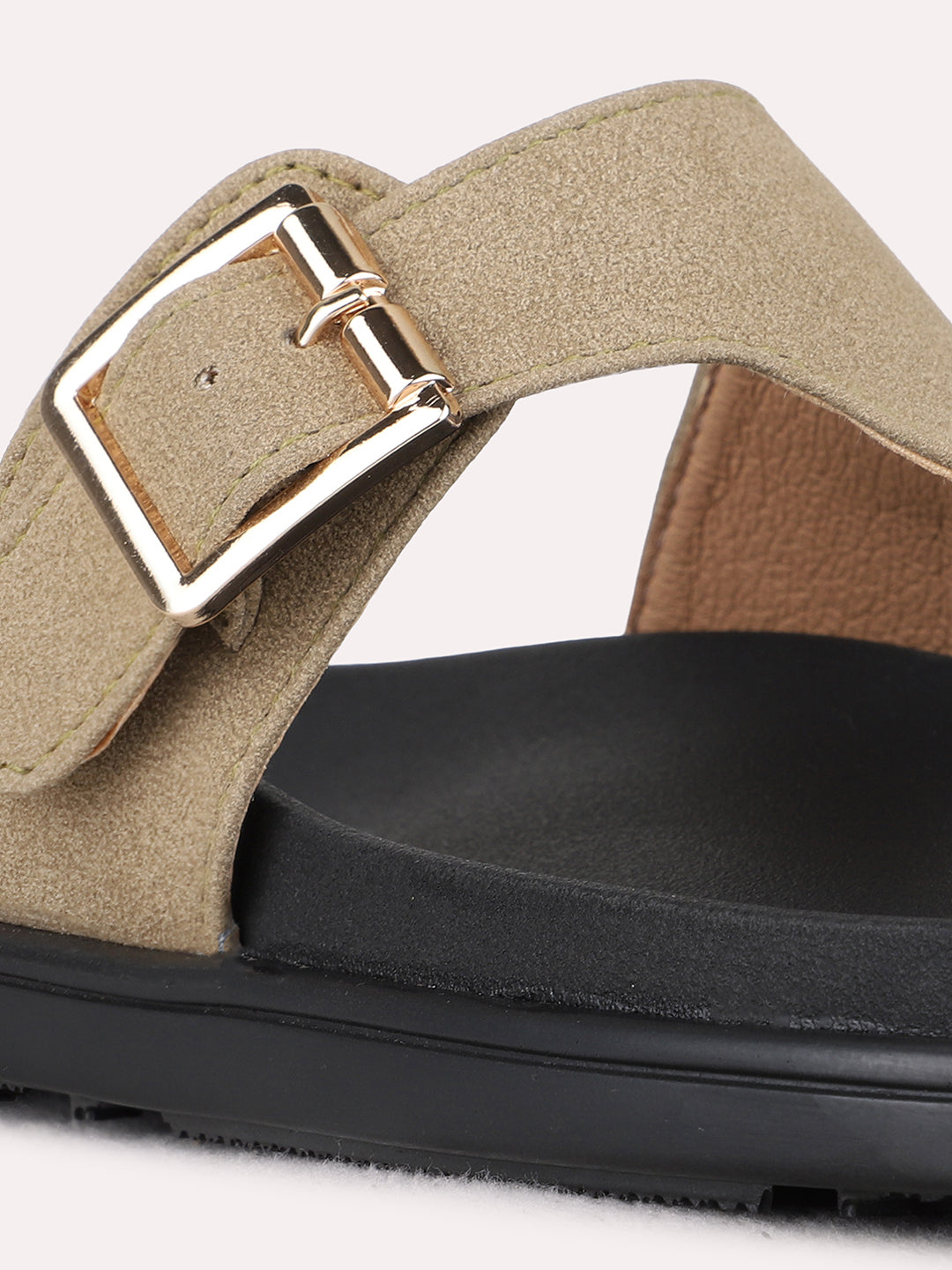 Womens Green Casual Solid T-Strap Flat Slip-Ons