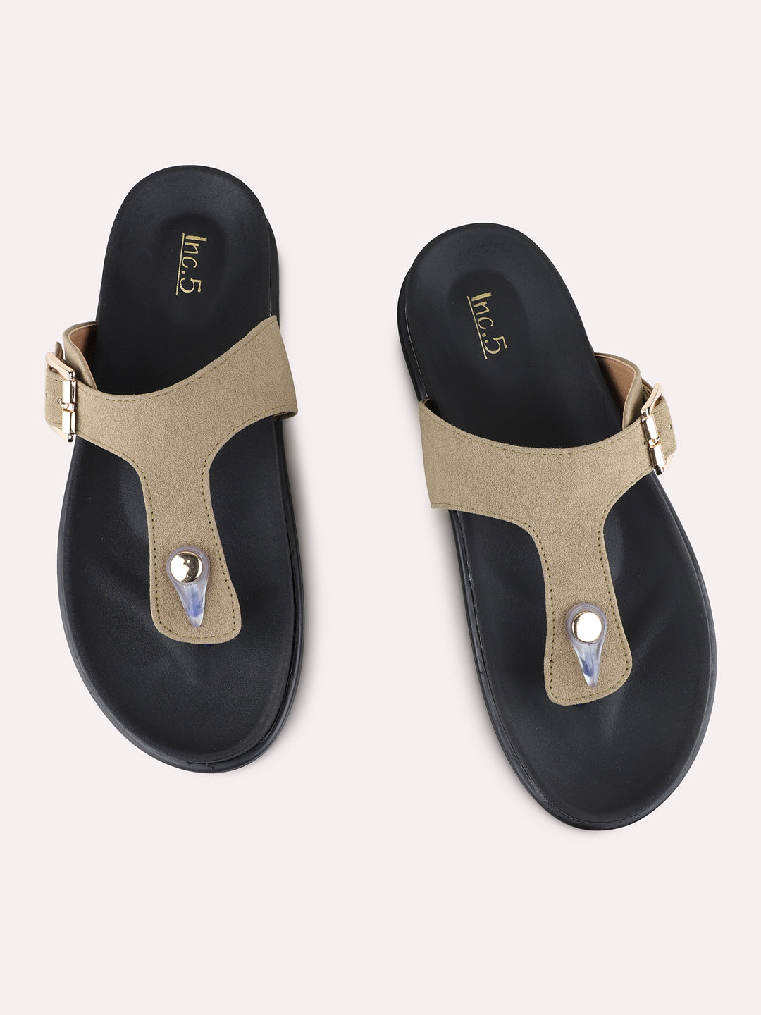 Womens Green Casual Solid T-Strap Flat Slip-Ons