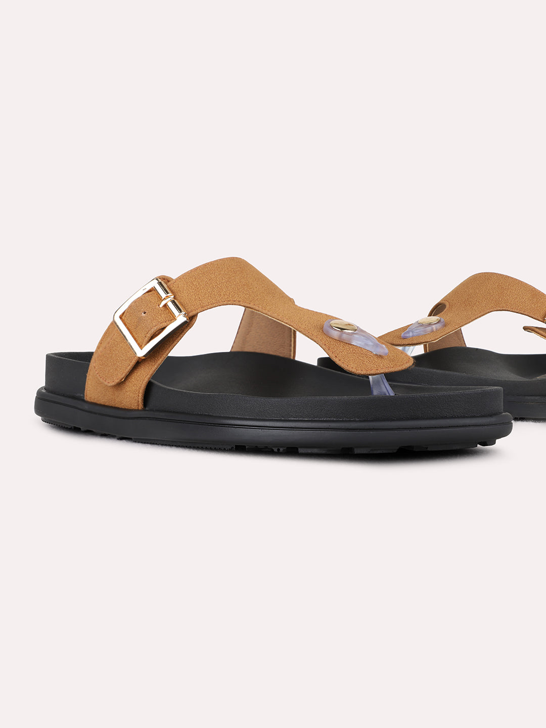 Womens Tan Casual Solid Pattern T-Strap Flat Slip-Ons