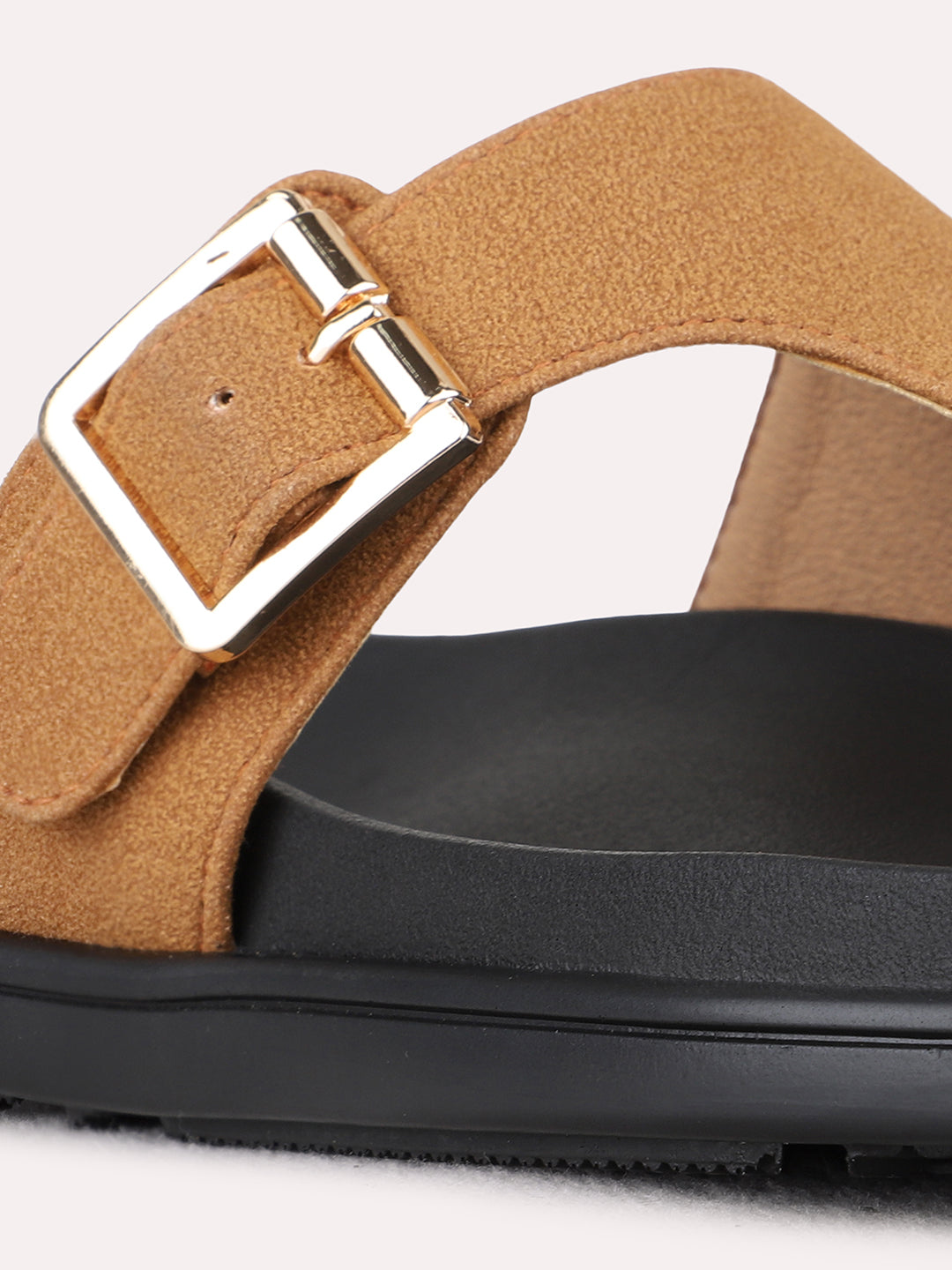 Womens Tan Casual Solid Pattern T-Strap Flat Slip-Ons