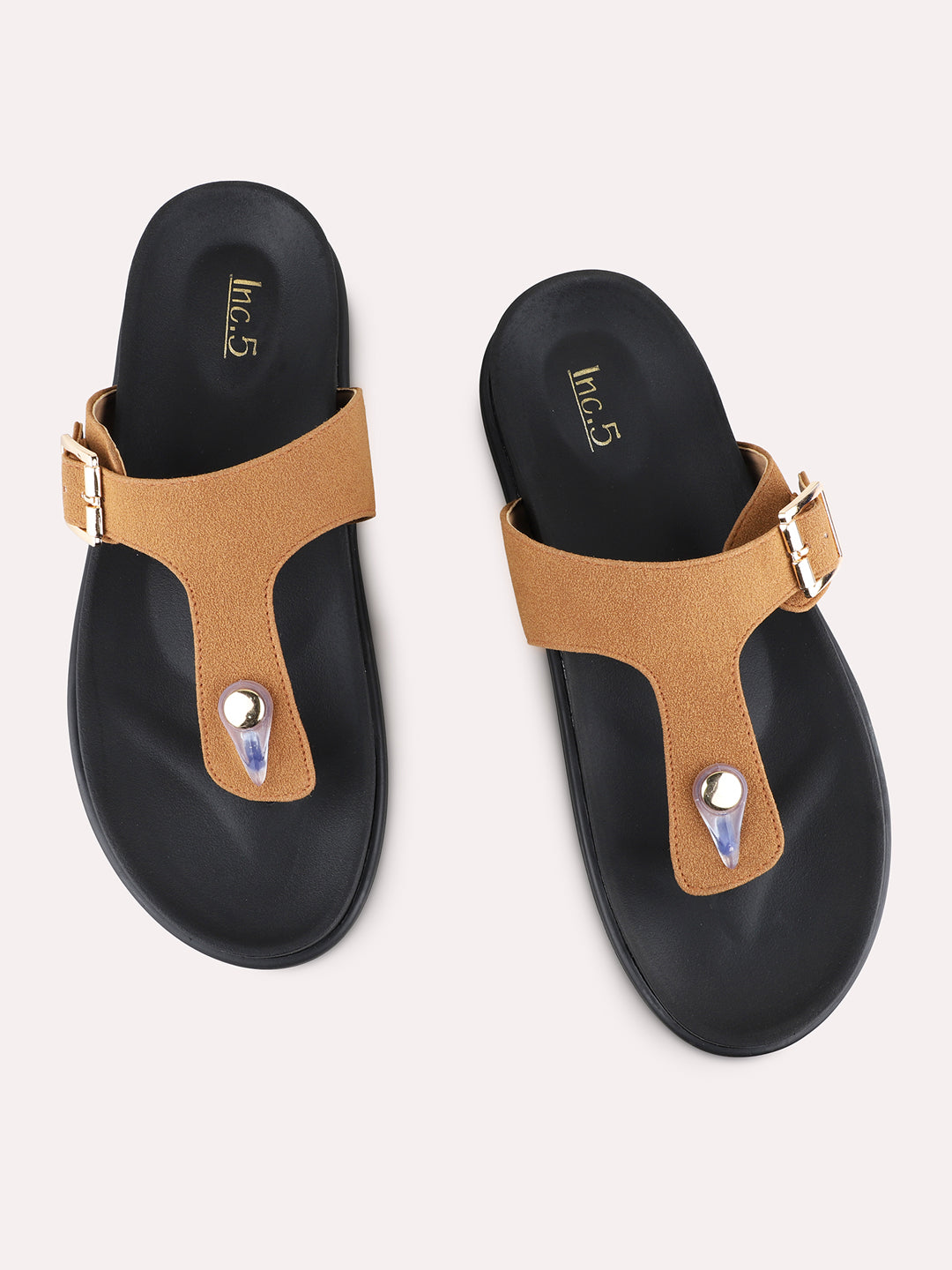 Womens Tan Casual Solid Pattern T-Strap Flat Slip-Ons