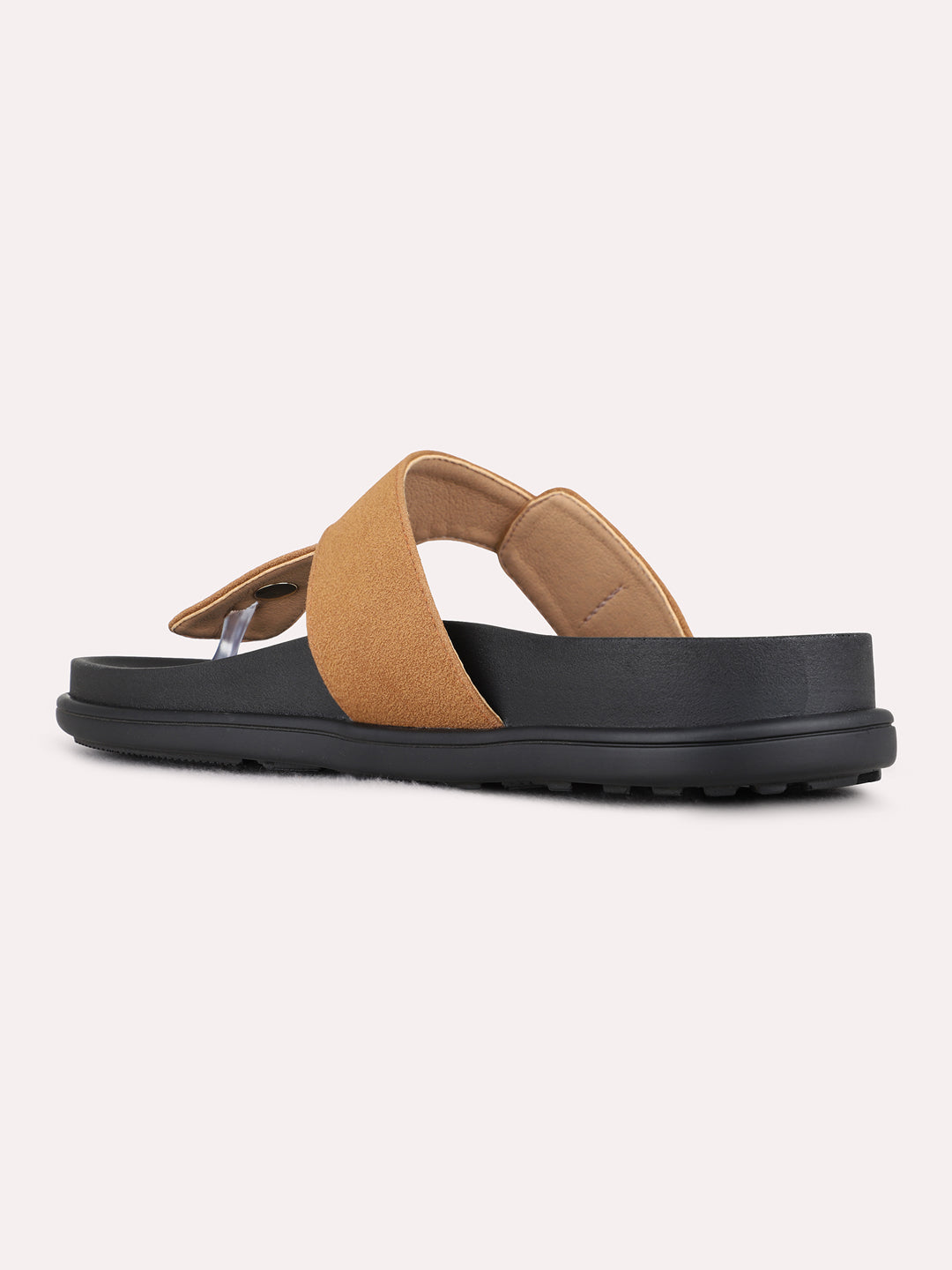 Womens Tan Casual Solid Pattern T-Strap Flat Slip-Ons