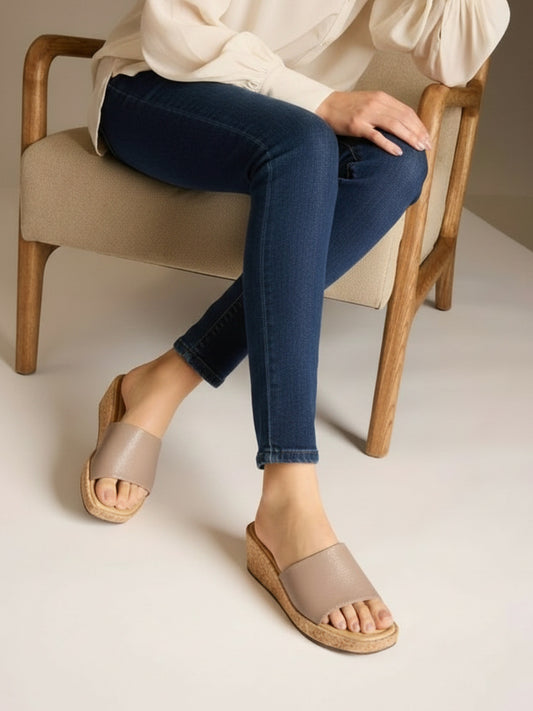Womens Beige Party Wear Solid Round Toe Wedge Heels