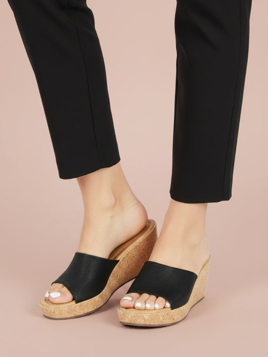 Womens Black Party Wear Solid Pattern Round Toe Wedge Heels