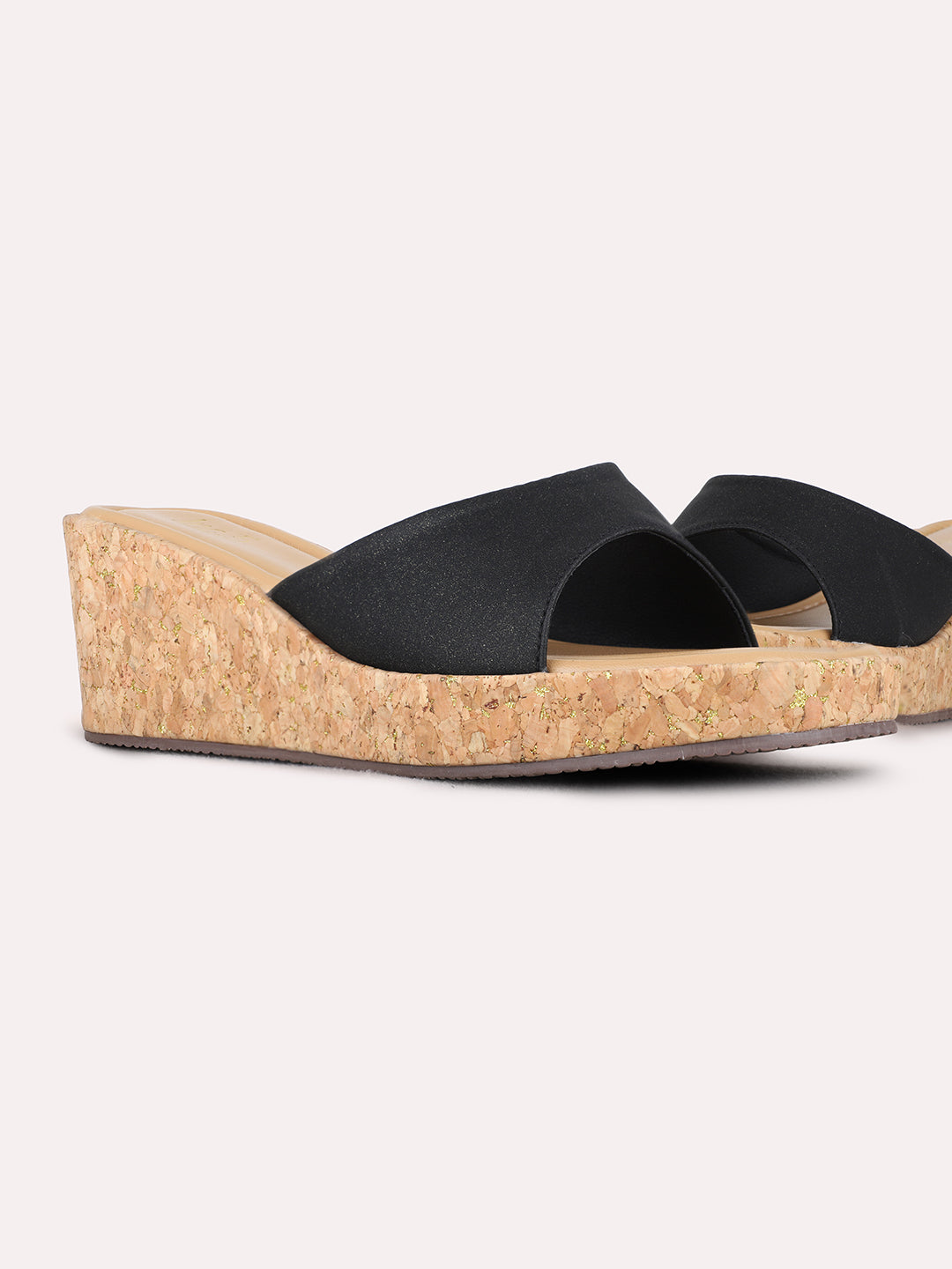 Womens Black Party Wear Solid Pattern Round Toe Wedge Heels