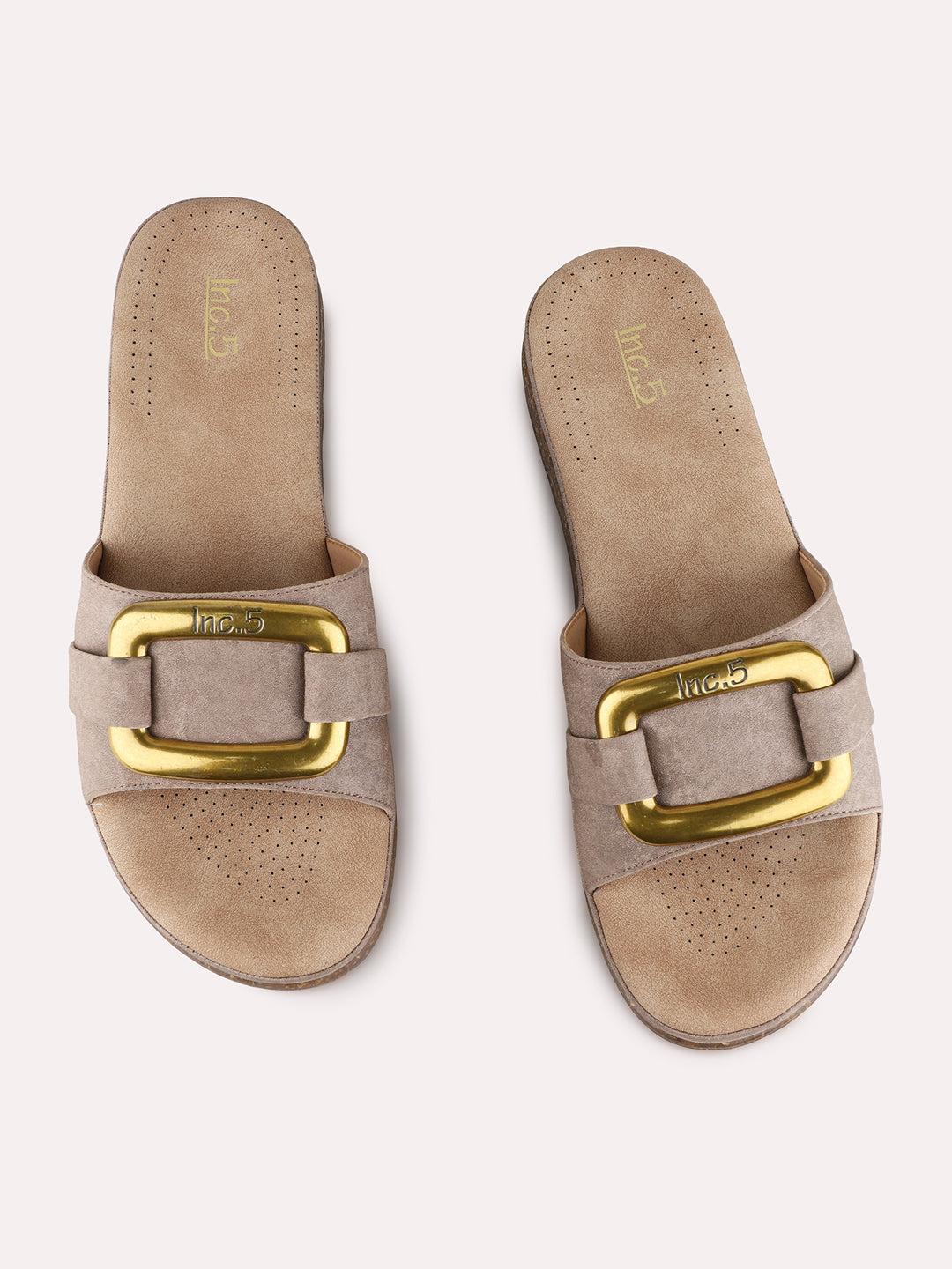 Womens Beige Ethnic Solid Pattern Open Toe Flats