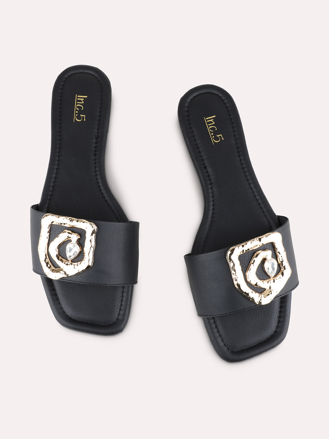 Womens Black Casual Solid Open Toe Flat Slip-On Sandals