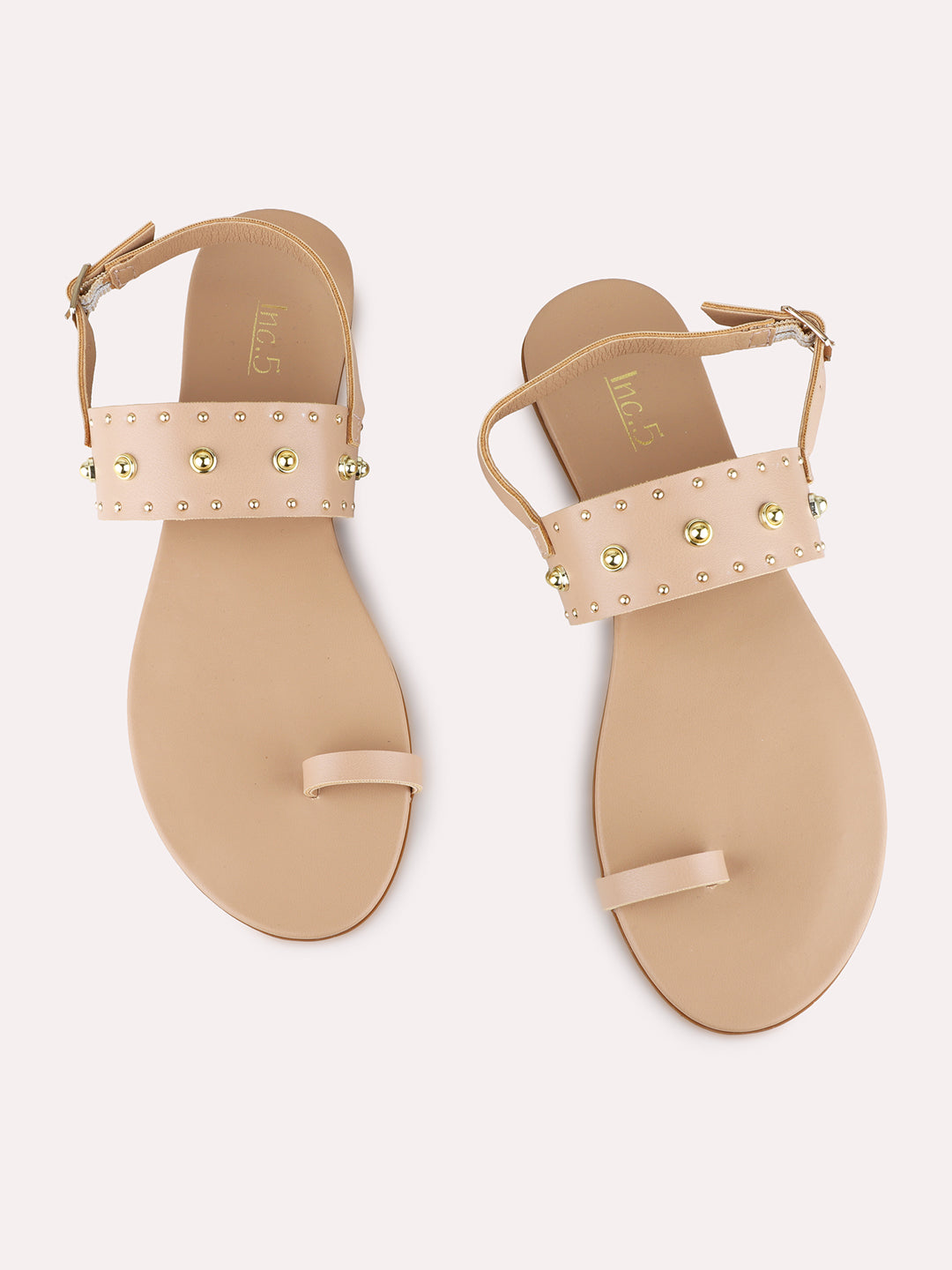 Womens Beige Casual Embellished One Toe Flat Sandals