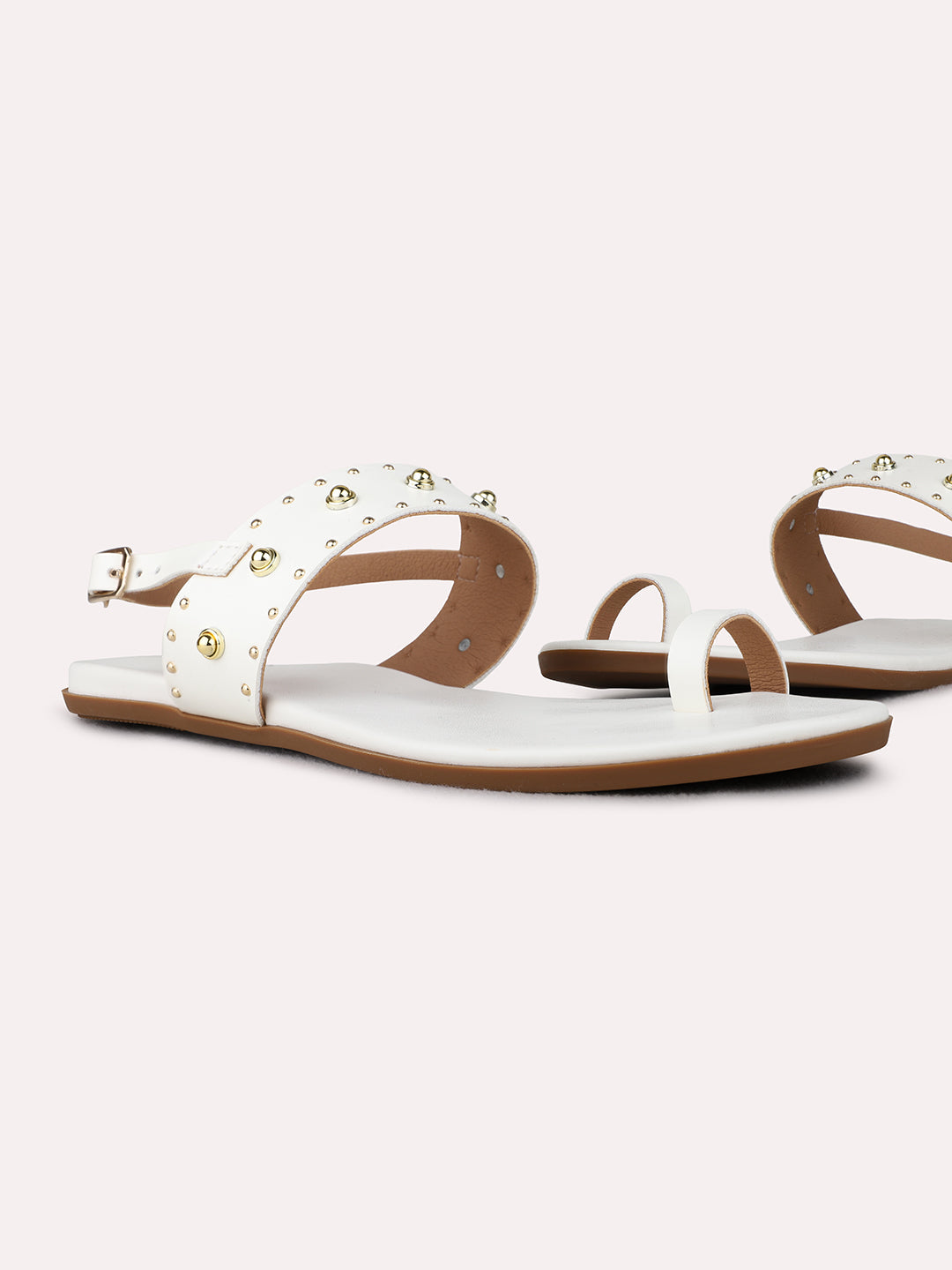 Womens White Casual Embellished One Toe Flat Sandals