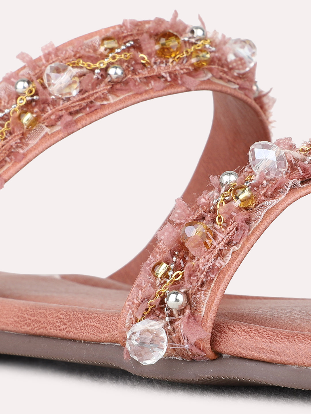 Womens Peach Casual Embellished Open Toe Flat Slip-On Sandals