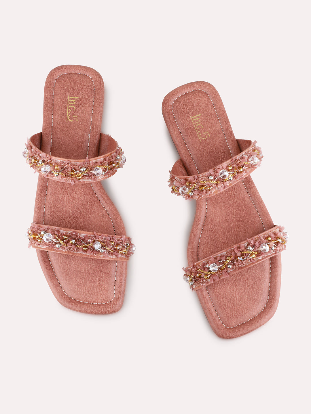 Womens Peach Casual Embellished Open Toe Flat Slip-On Sandals