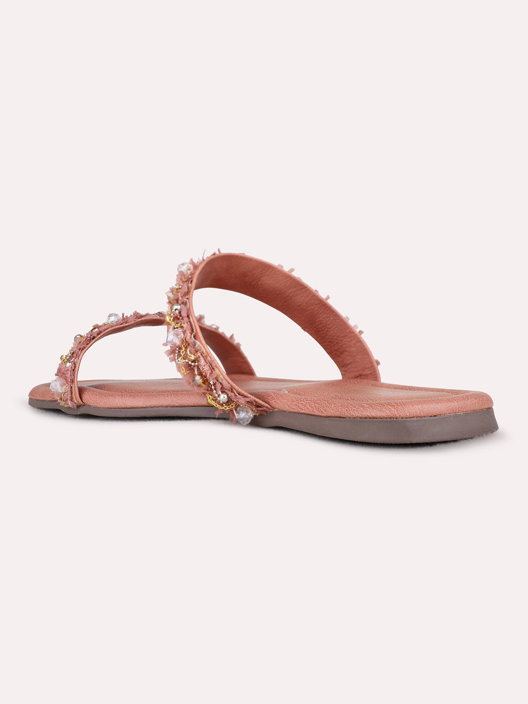 Womens Peach Casual Embellished Open Toe Flat Slip-On Sandals