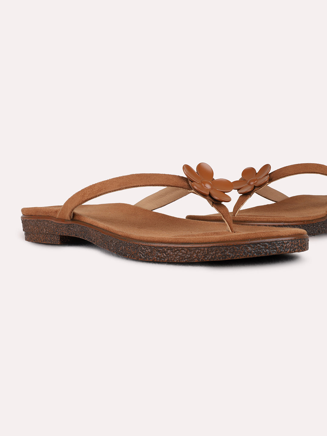 Womens Tan Casual Solid T-Strap Toe Flats Slip-Ons