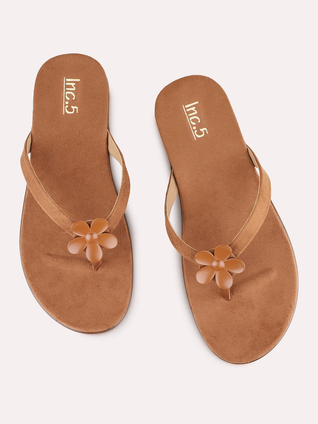 Womens Tan Casual Solid T-Strap Toe Flats Slip-Ons