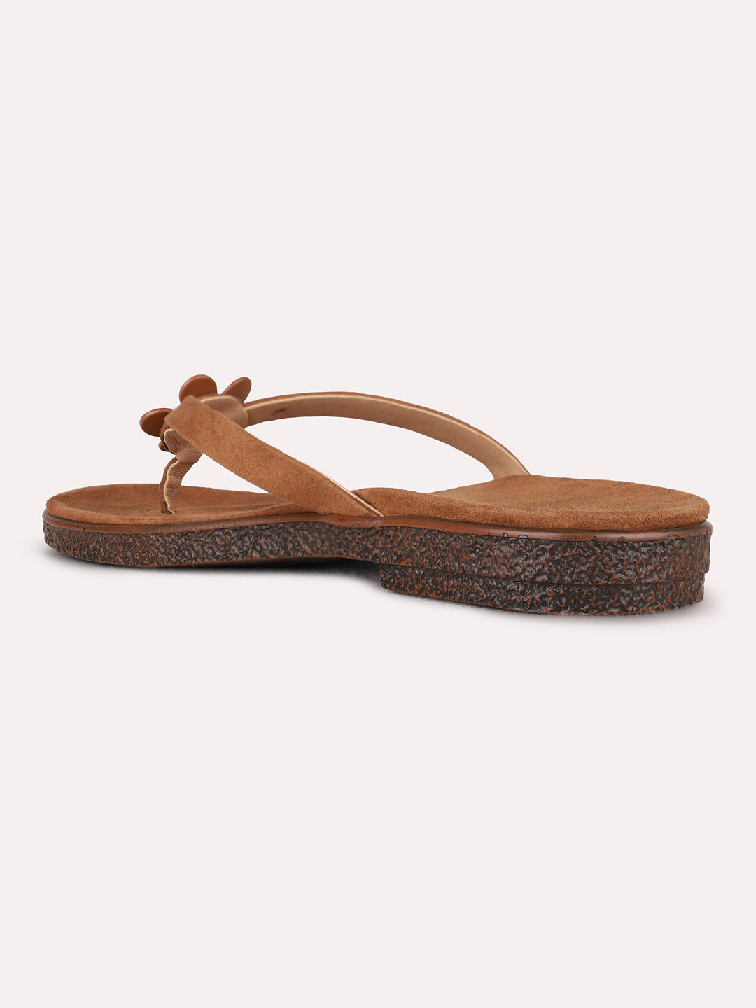 Womens Tan Casual Solid T-Strap Toe Flats Slip-Ons
