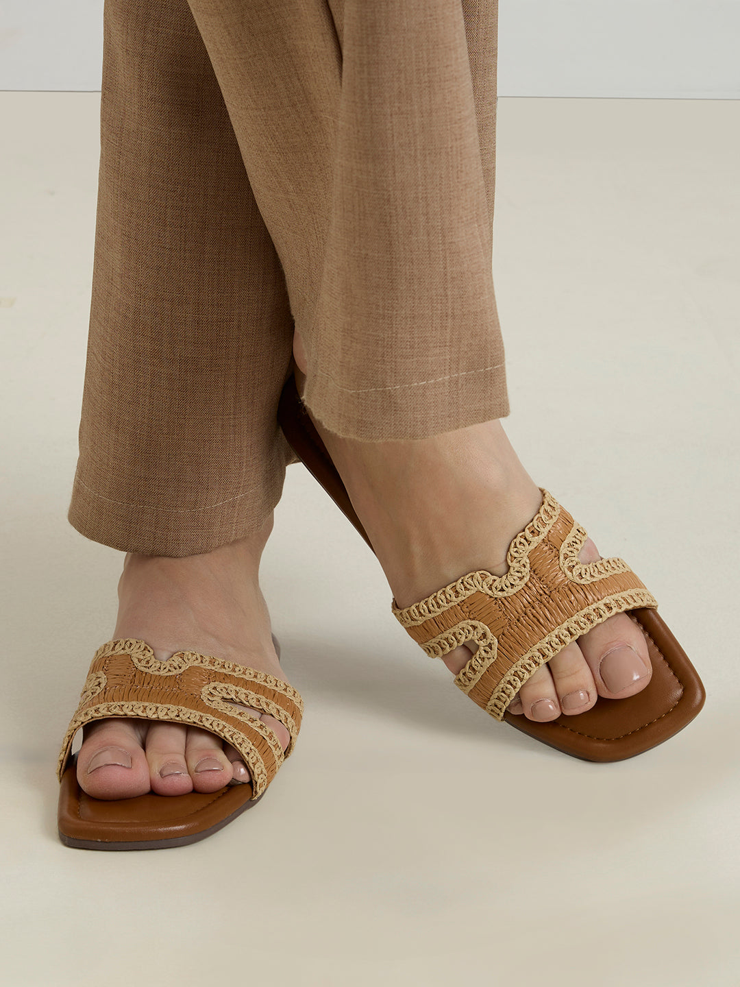 Womens Tan Casual Solid Open Toe Flats