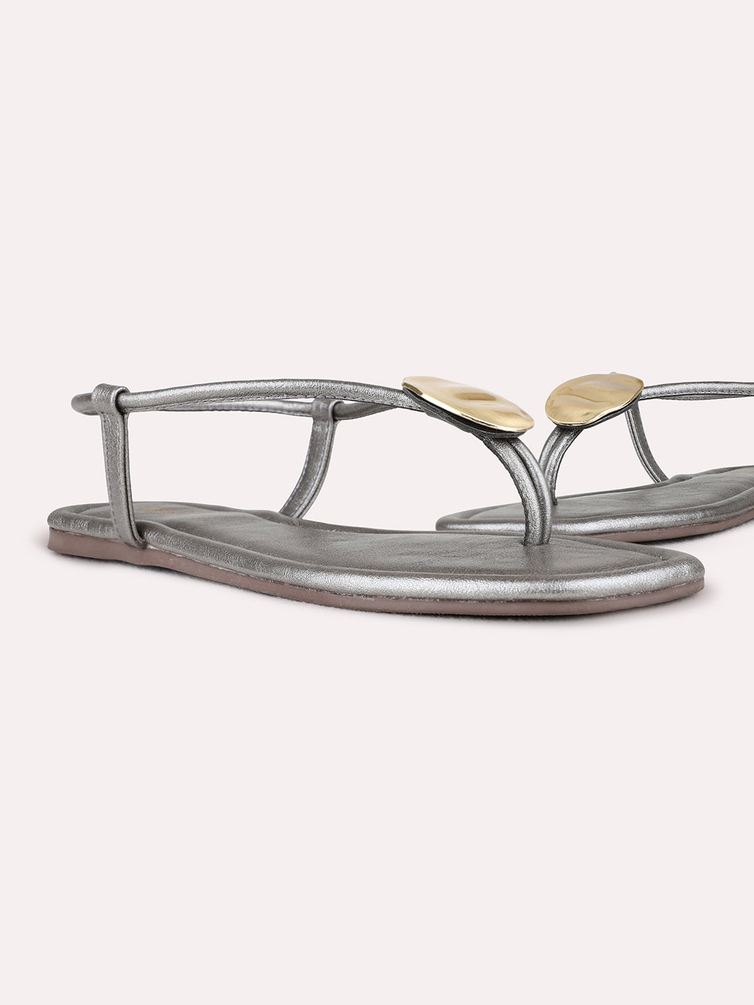 Womens Pewter Casual Solid T-Strap Flat Sandals