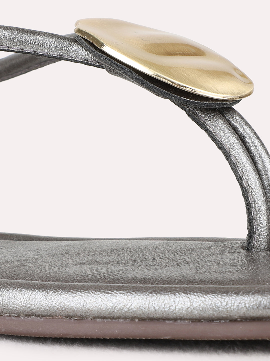 Womens Pewter Casual Solid T-Strap Flat Sandals