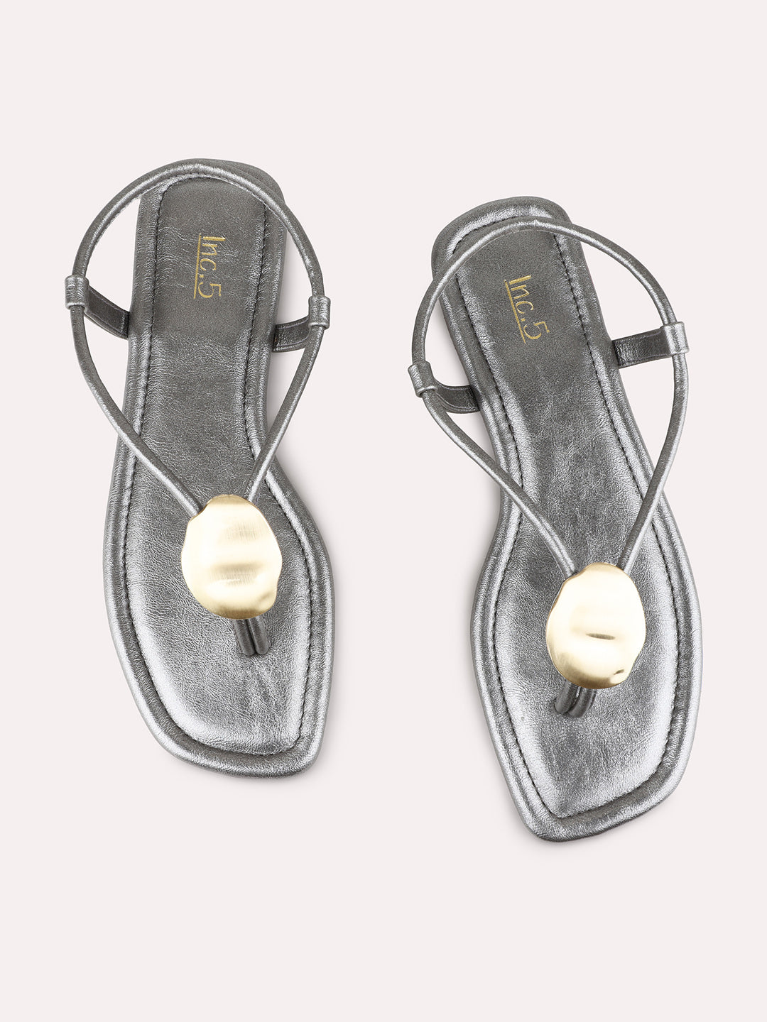 Womens Pewter Casual Solid T-Strap Flat Sandals