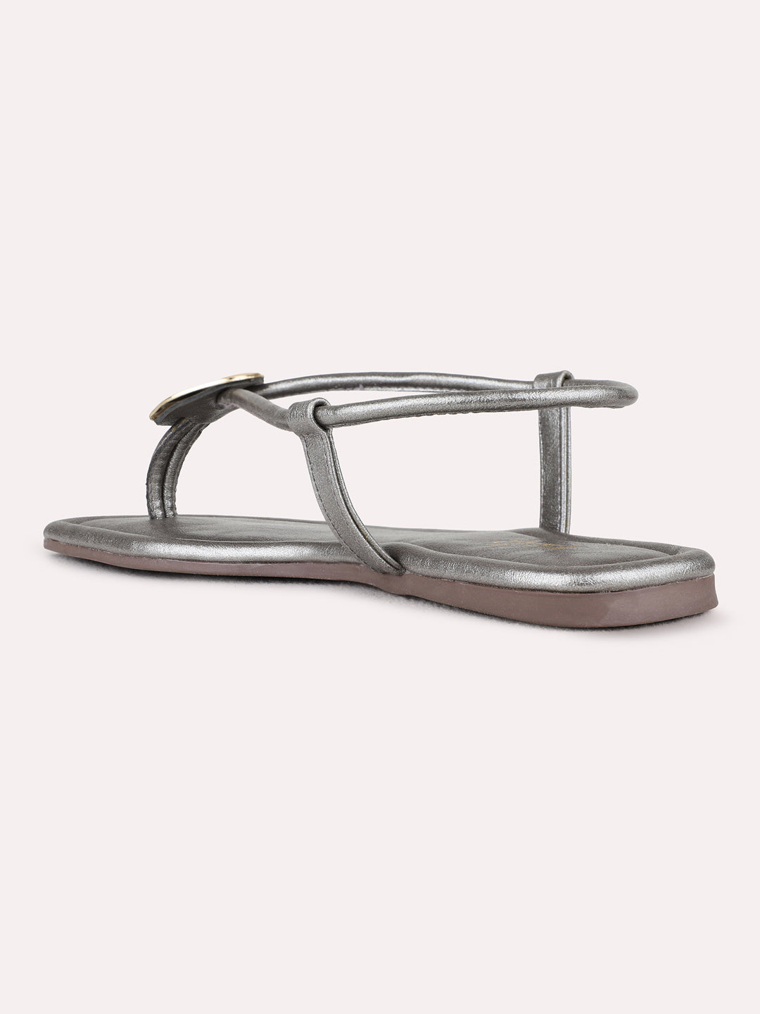Womens Pewter Casual Solid T-Strap Flat Sandals