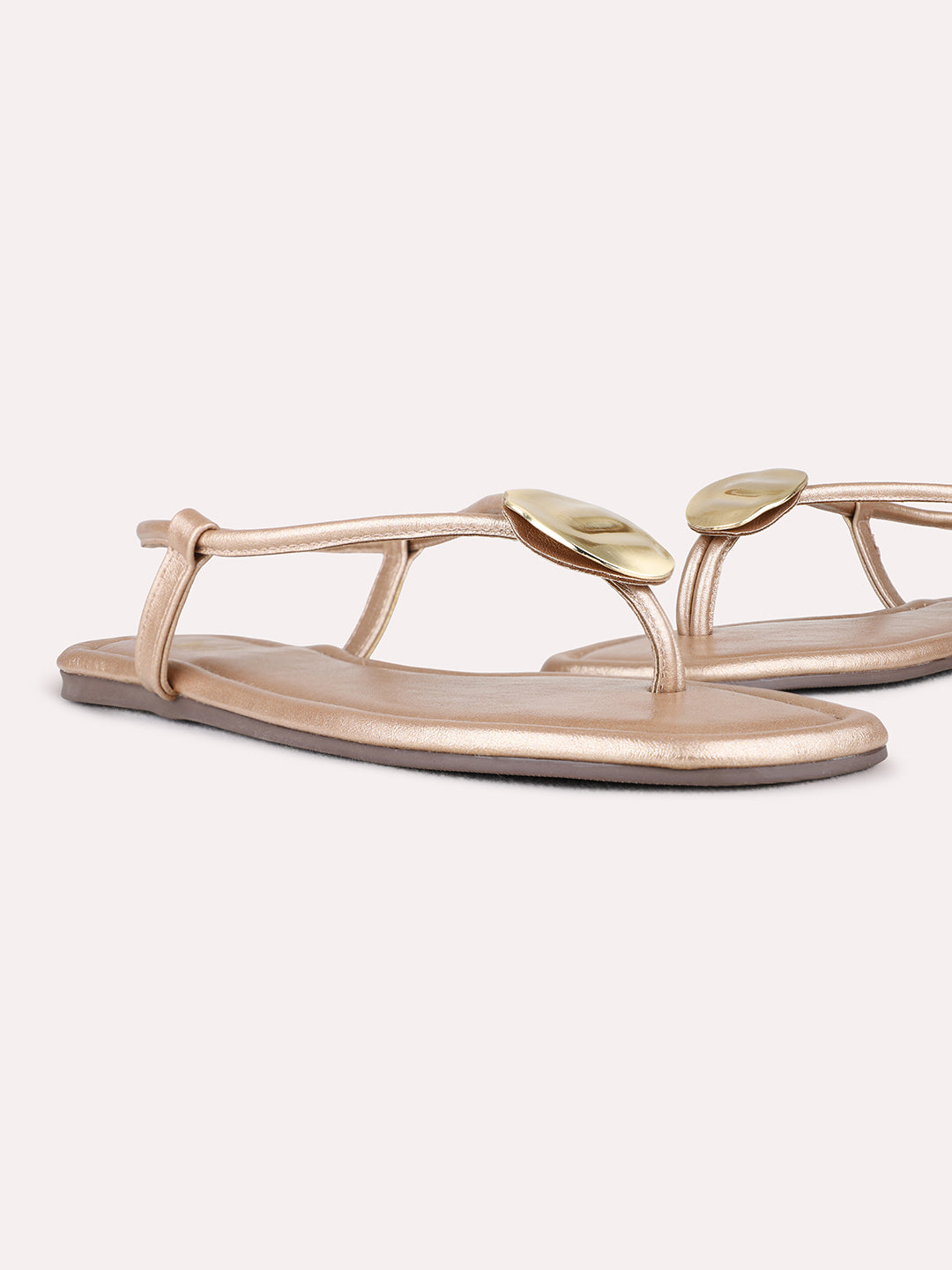 Womens Rose Gold Casual Solid T-Strap Flat Sandals