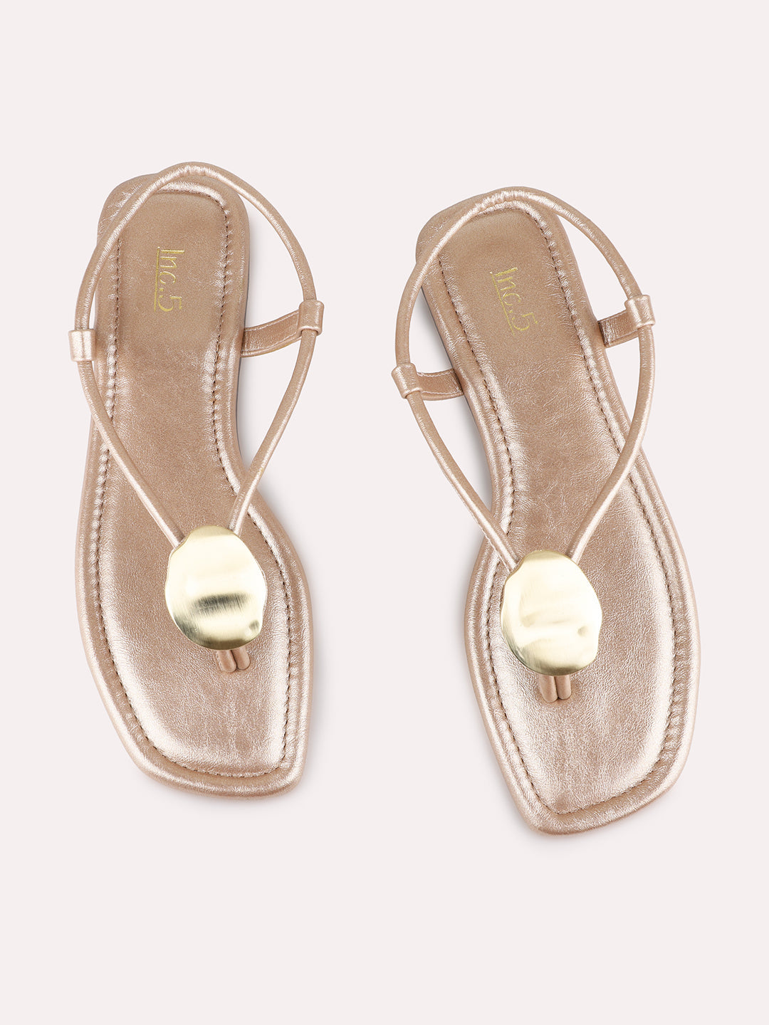Womens Rose Gold Casual Solid T-Strap Flats