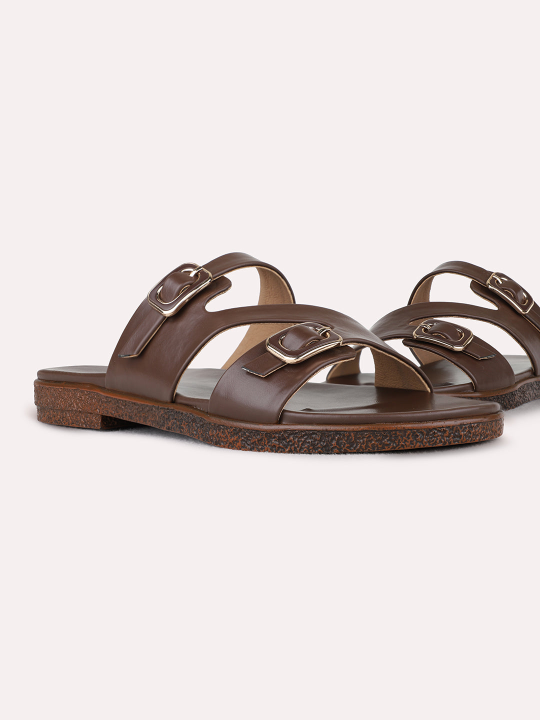 Womens Brown Casual Solid Open Toe Flat Slip-Ons