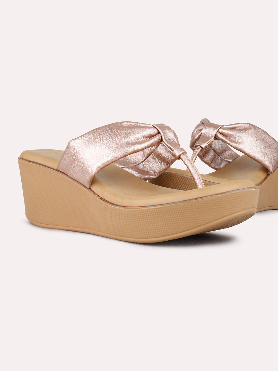 Womens Rose Gold Party Wear Solid Round Toe Wedge Heel Sandals