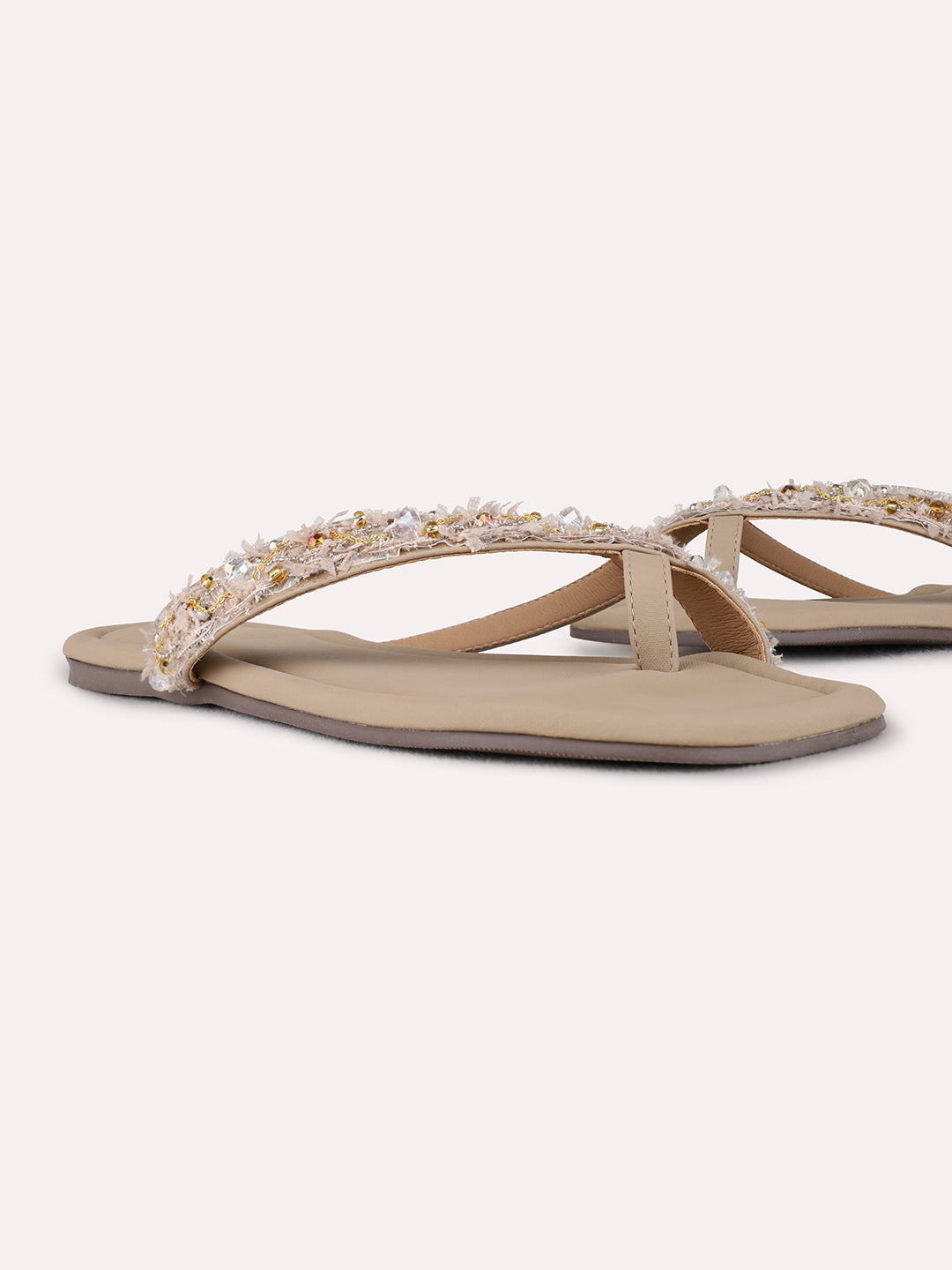 Womens Beige Casual Embellished One Toe Flat Slip-On Sandals
