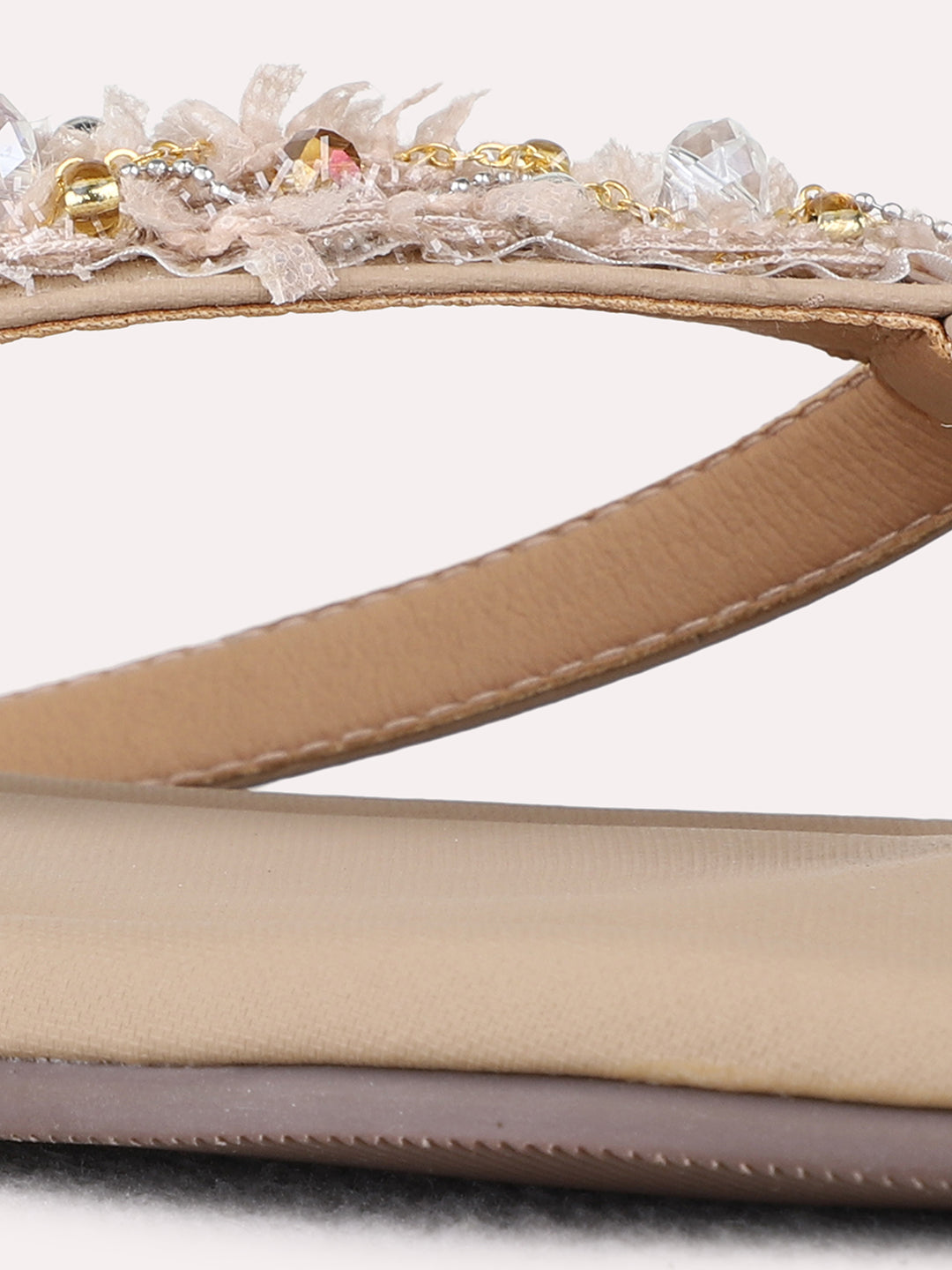 Womens Beige Casual Embellished One Toe Flats