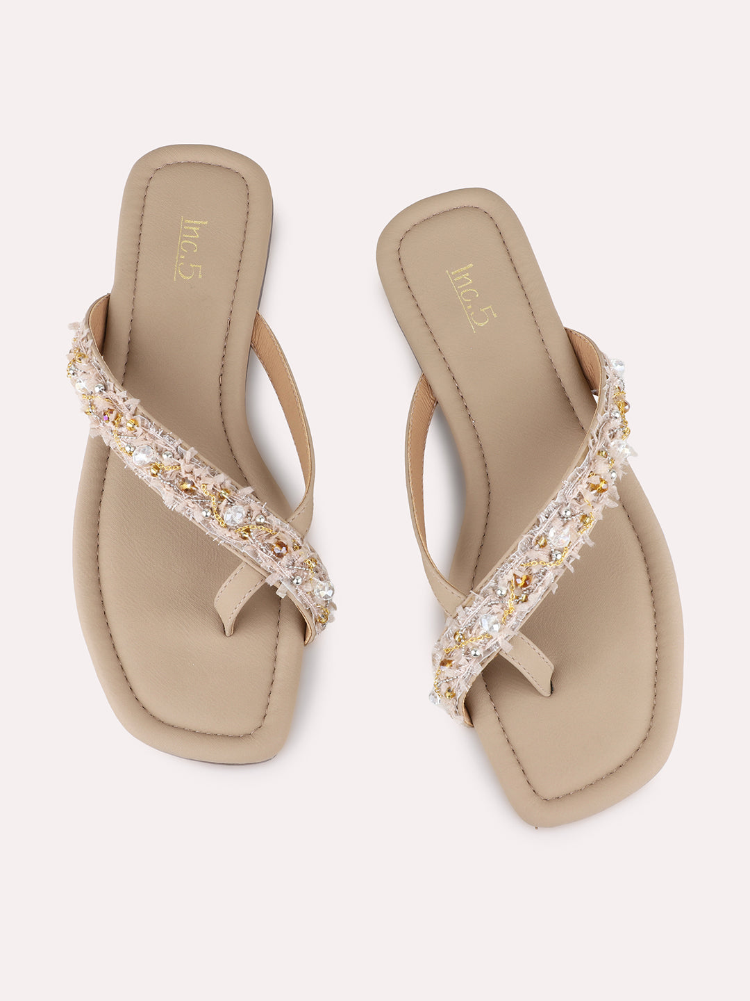 Womens Beige Casual Embellished One Toe Flats