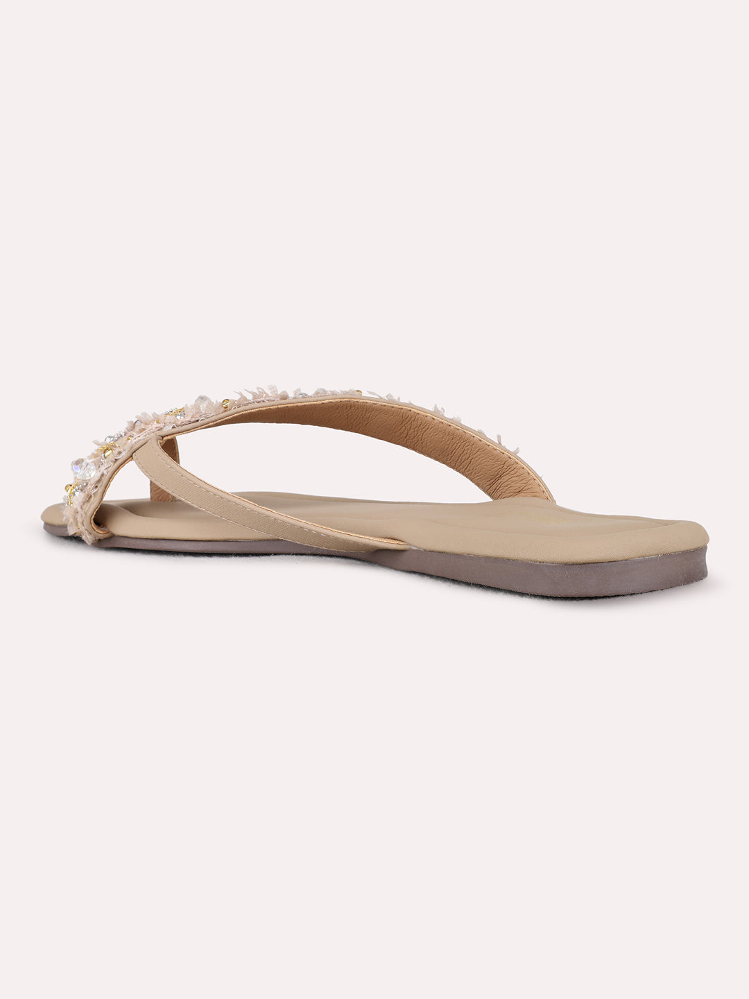 Womens Beige Casual Embellished One Toe Flats