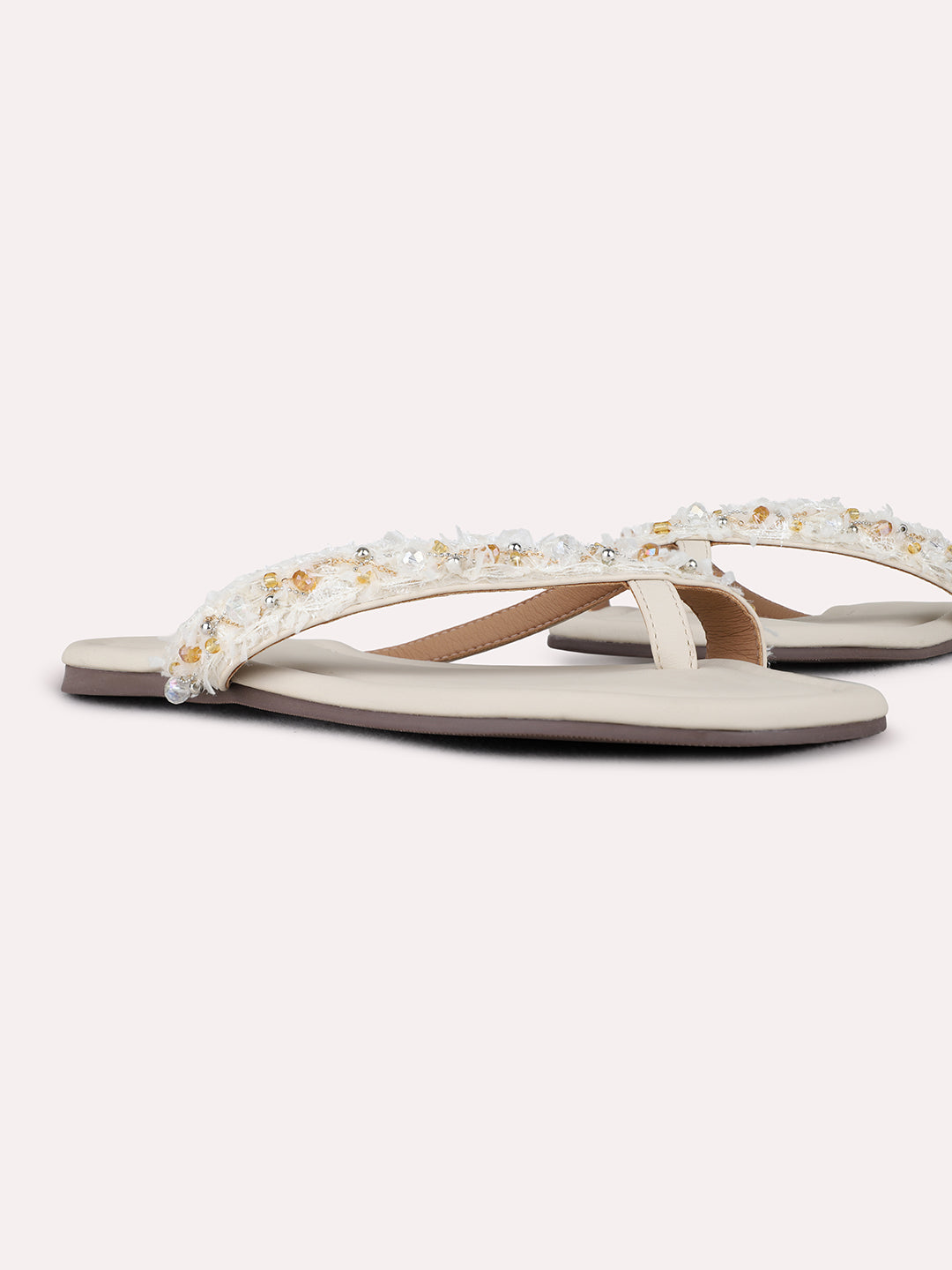 Womens Cream Casual Embellished One Toe Flat Slip-On Sandals