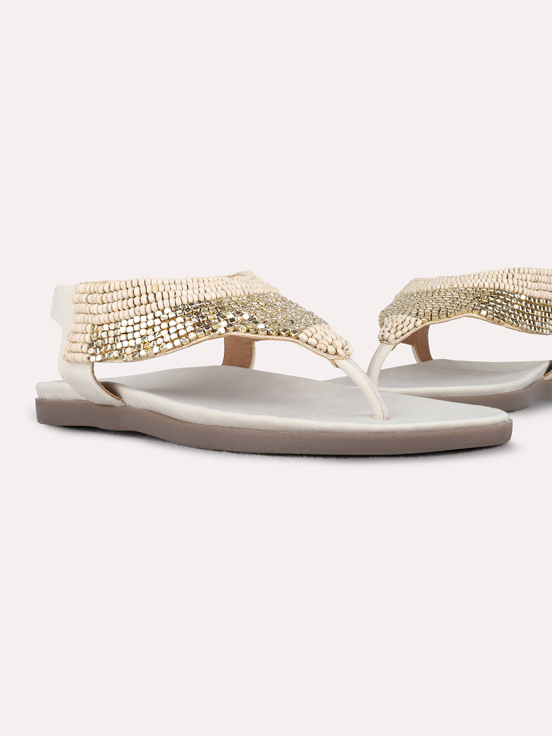 Womens Beige Ethnic Embellished T-Strap Back Strap Flats