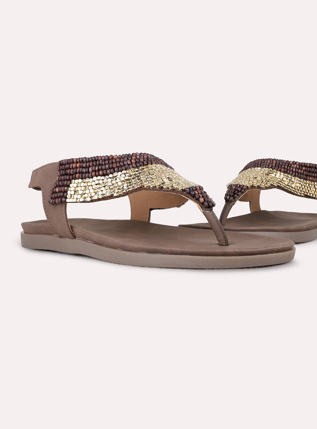 Womens Brown Ethnic Embellished T-Strap Back Strap Flats