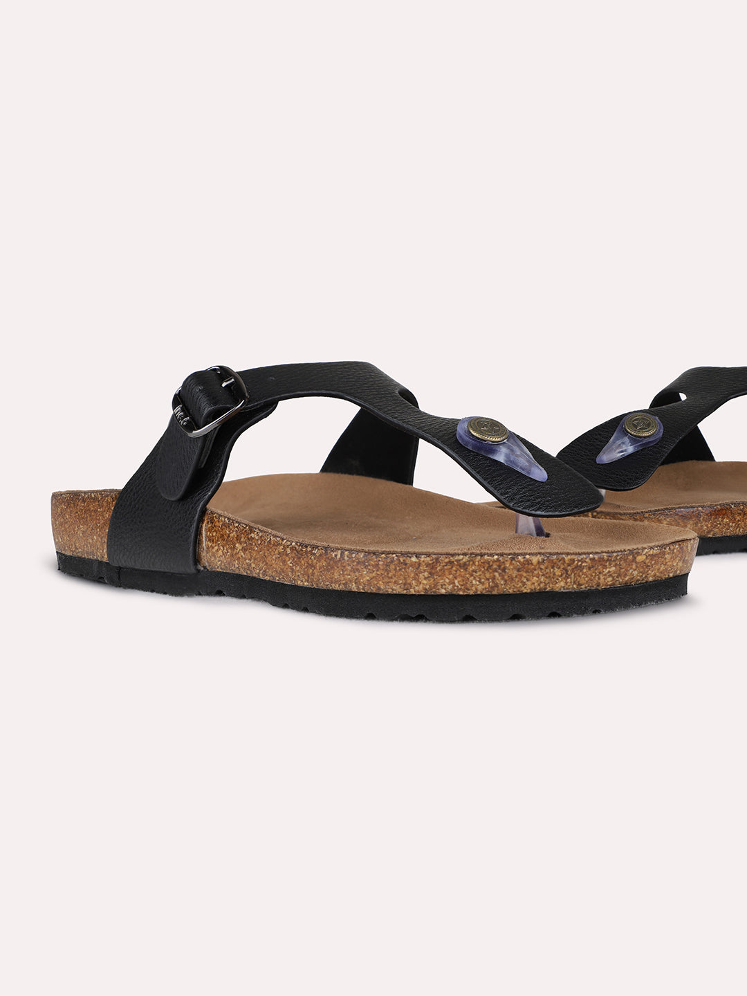 Womens Black Casual Solid T-Strap Flat Slip-On Sandals