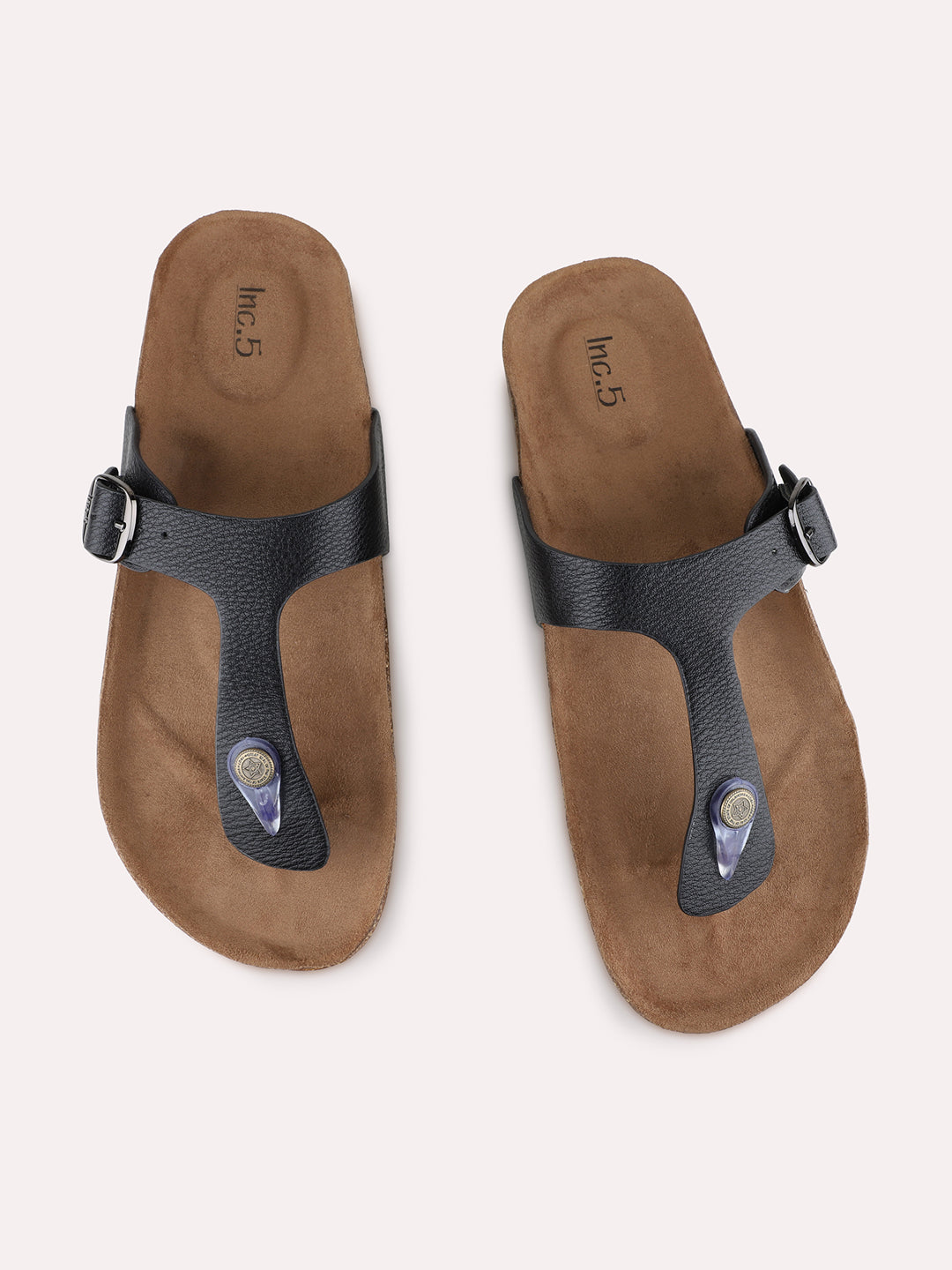 Womens Black Casual Solid T-Strap Flat Slip-On Sandals